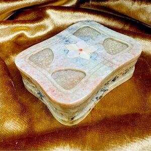 Vintage Carved Stone Box, Stone Square Box India, Floral Inlay Box